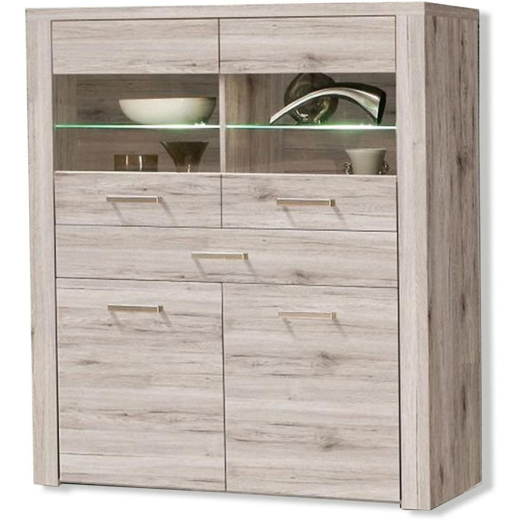 Vitrine mit 2 Turen, 2 Glasturen und 1 Schublade, Sandeiche, 126,9 ¡Á 143,9 ¡Á 41,3 cm