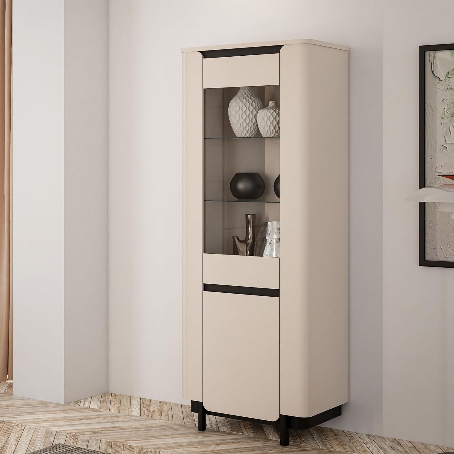 Vitrine mit Glastur und abgerundeten Ecken aus Holzwerkstoff in Kaschmirbeige, 75,6 ¡Á 196,3 ¡Á 44,8 cm