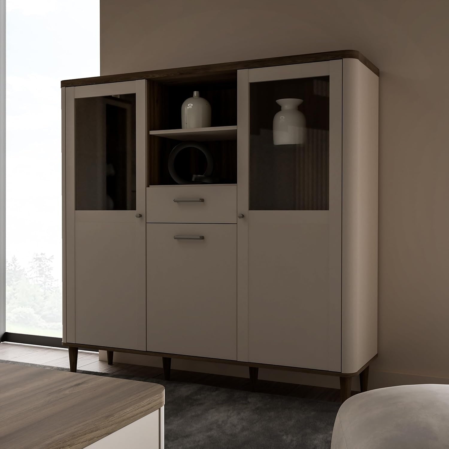 Highboard mit 3 Turen und 1 Schublade in Kaschmirbeige und Eiche, 144,8 ¡Á 142,9 ¡Á 41,2 cm