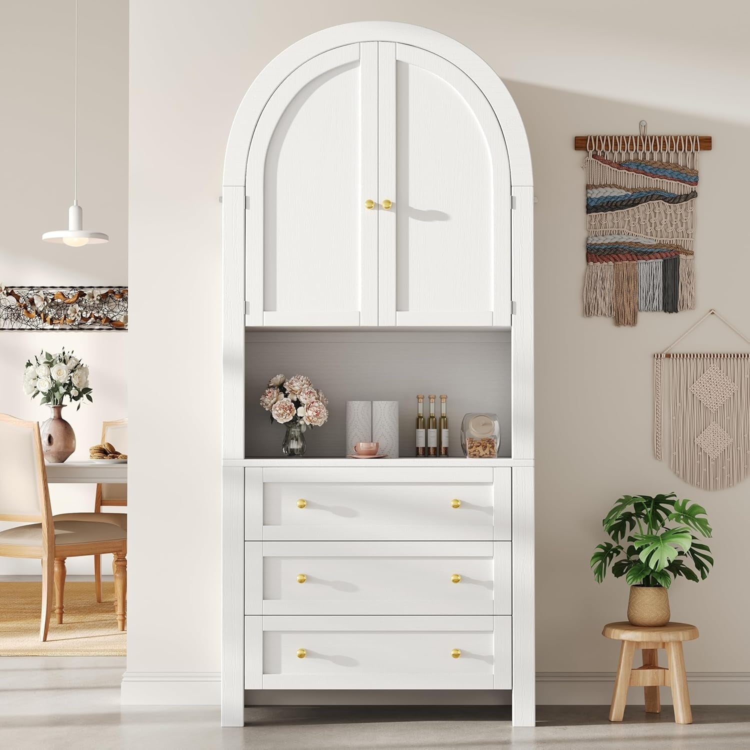 Hochschrank mit 2 Turen, 3 Schubladen und offenem Stauraum, 180 cm
