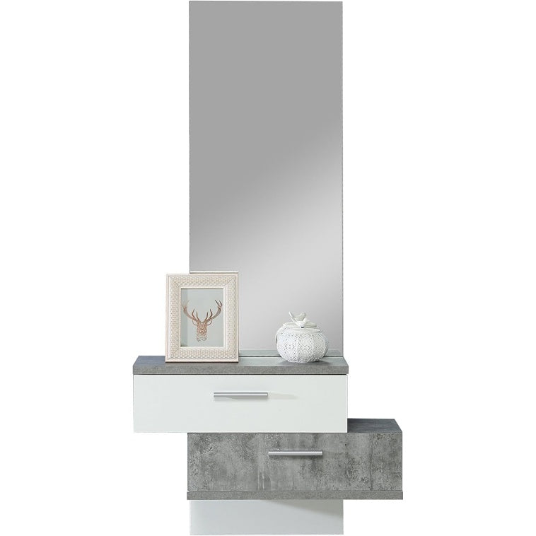 Kompaktgarderobe mit Spiegel und 2 Schubladen aus Holzwerkstoff in Wei? und Betonoptik, 75,4 ¡Á 157 ¡Á 25,6 cm