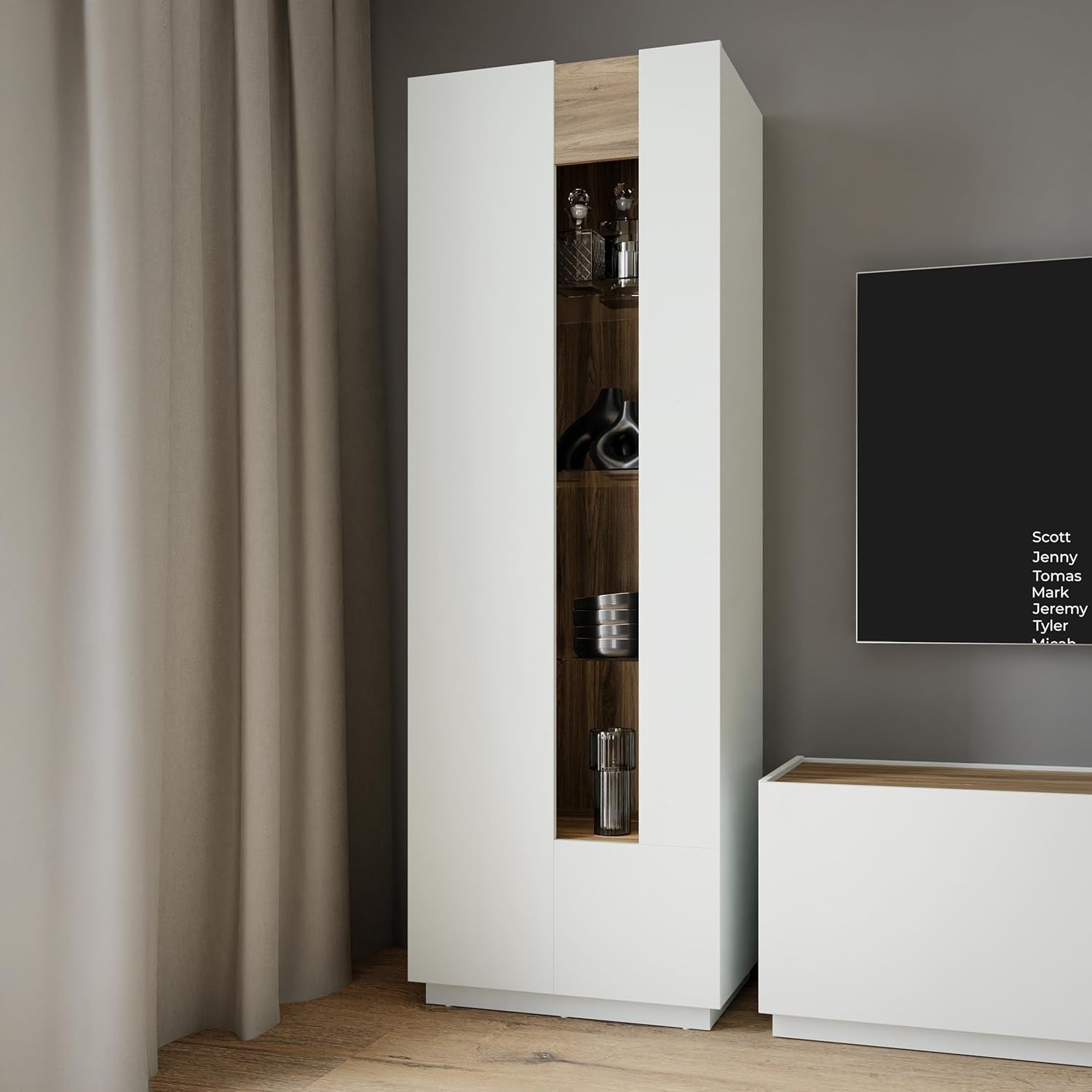 Vitrine mit Glastur aus Holzwerkstoff in Secret Grey und Valencia-Eiche, 60,9 ¡Á 194,6 ¡Á 41 cm