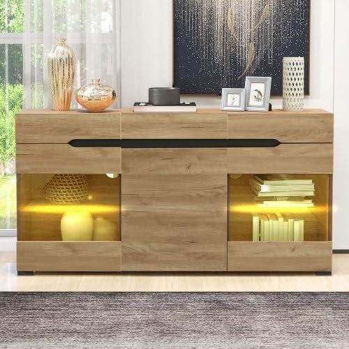 Sideboard mit LED-Beleuchtung, Acryl-Glasturen, 3 Turen und 3 Schubladen, 140 cm