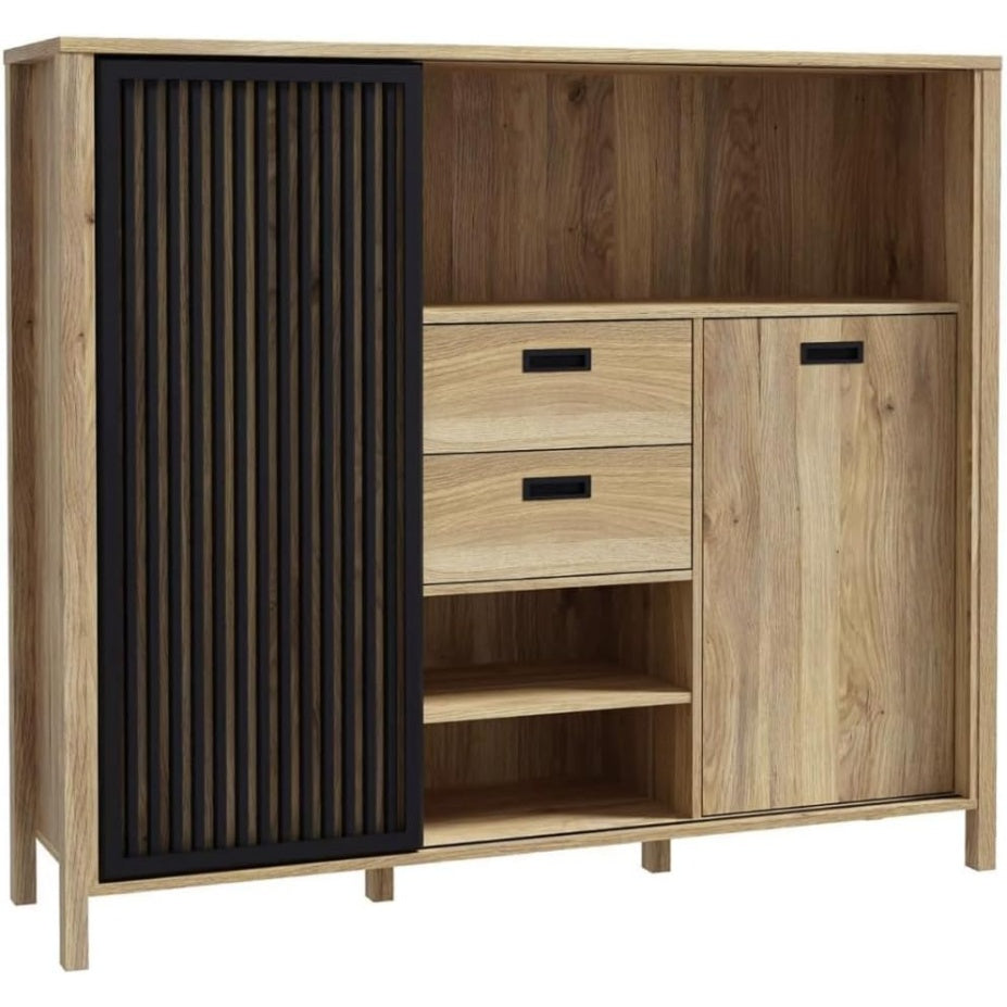 Schrank mit 2 Schubladen, 2 Turen und 3 Regalfachern, Eiche und Schwarz, 149,9 ¡Á 129,9 ¡Á 40,2 cm