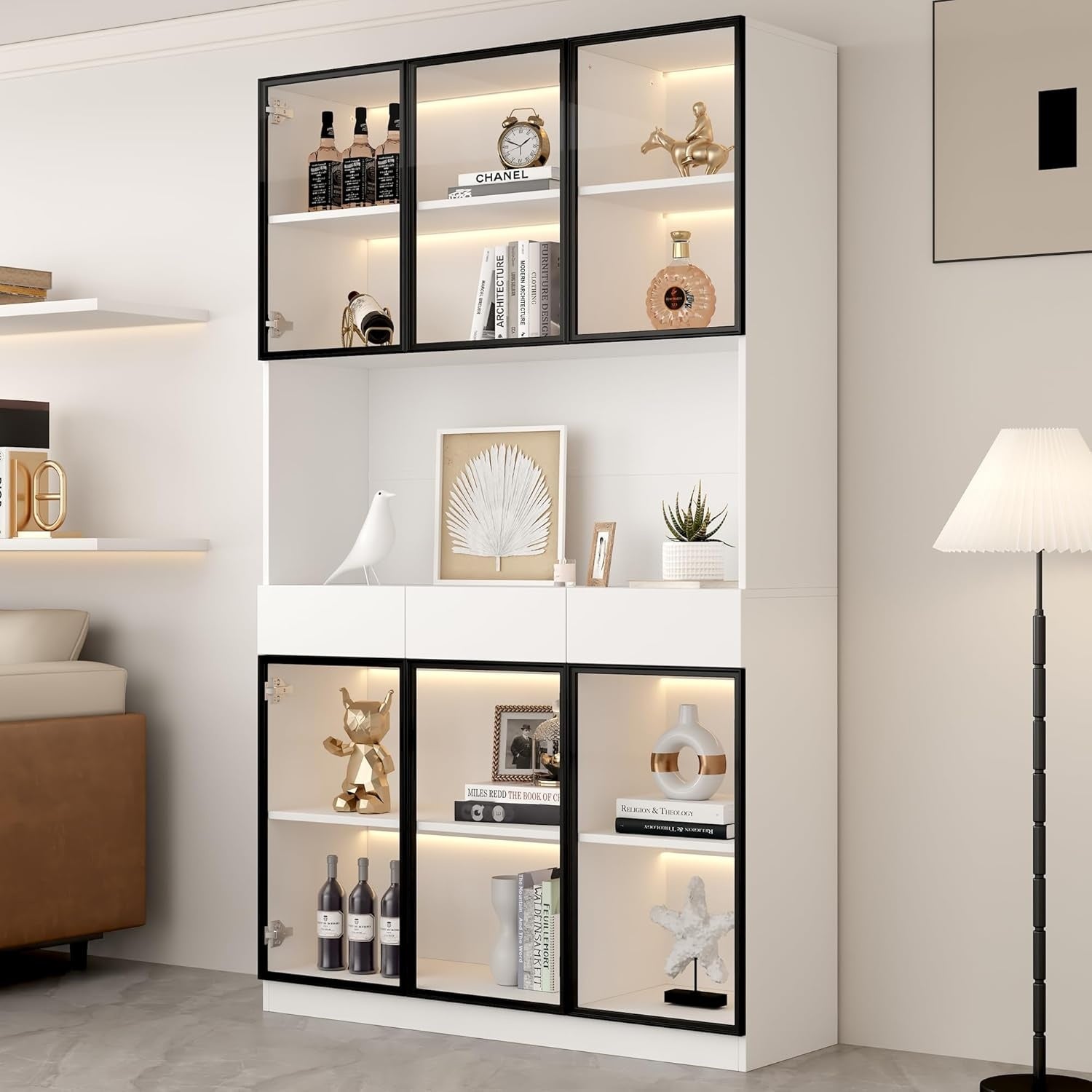 Gro?e Glasvitrine mit LED-Beleuchtung, 6 Turen und 3 Schubladen, 200 cm